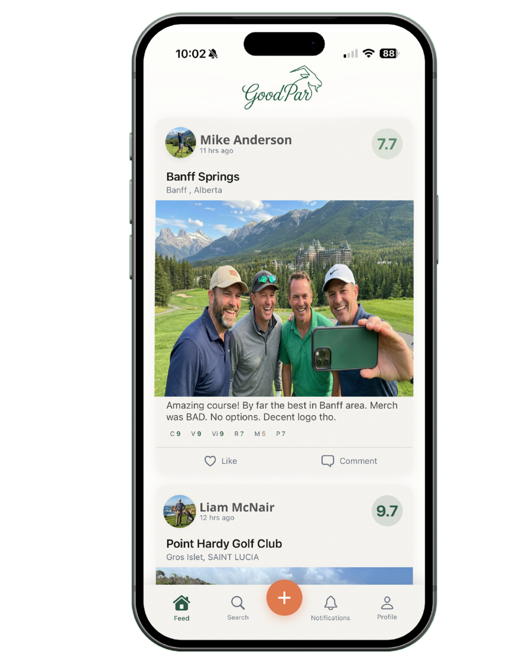 GoodPar app showing golf course ratings feed
